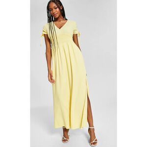 Bar III Yellow Maxi Dress - Womens Size M - Smocked Waist V-Neck Short Sleeve